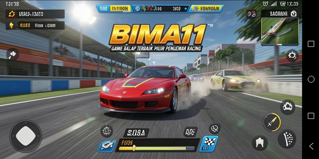 Tampilan gameplay BIMA11 dengan mobil balap yang memukau dan trek yang menantang.