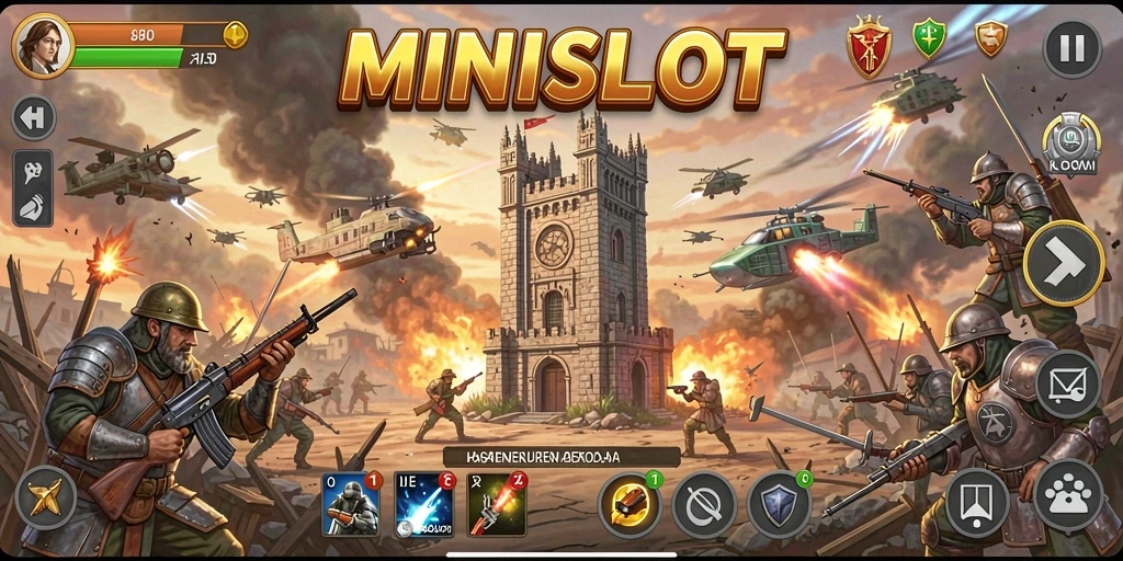 Tampilan gameplay dinamis dalam game Tower Defense MINISLOT.