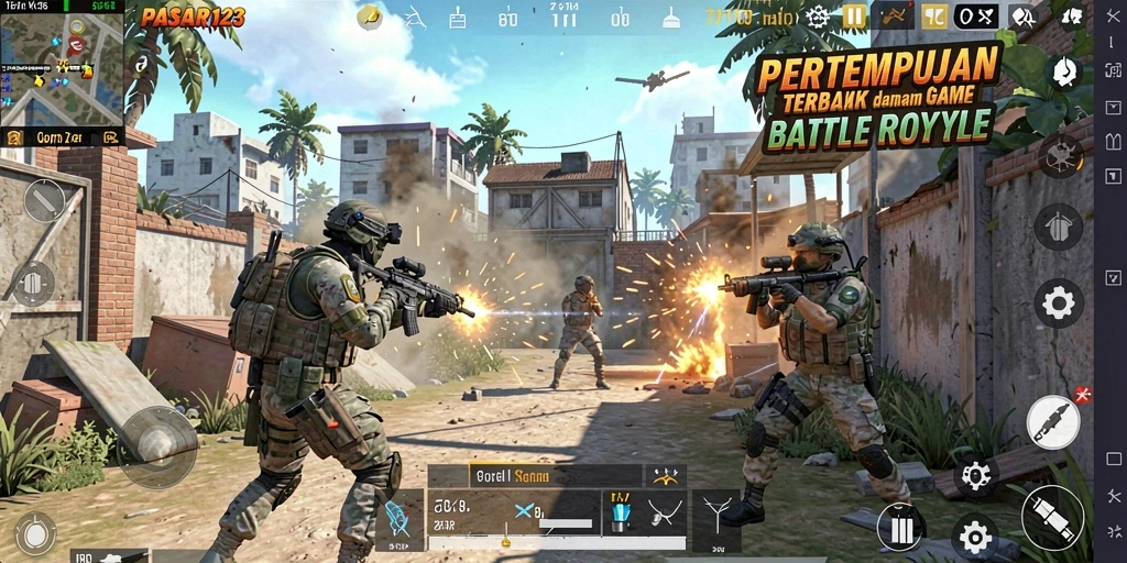 Screenshot utama PASAR123 menampilkan pertempuran seru dan strategi bertahan hidup.